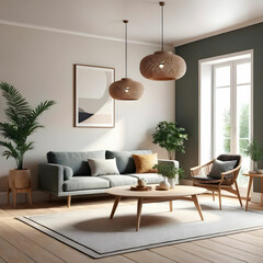 Modern interior japandi style design livingroom. Lighting and sunny scandinavian apartment with plaster and wood. 3d render illustration.