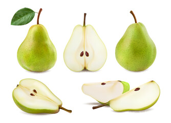 Ripe raw realistic green pear fruit. Whole and half, quarter and slice isolated pear with black seeds and leaf. Vector 3d juicy slices of organic fruity food, farm garden and orchard tree fruit set
