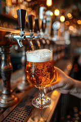 Individual pouring amber beer into beer glass at bar with stemware and barware