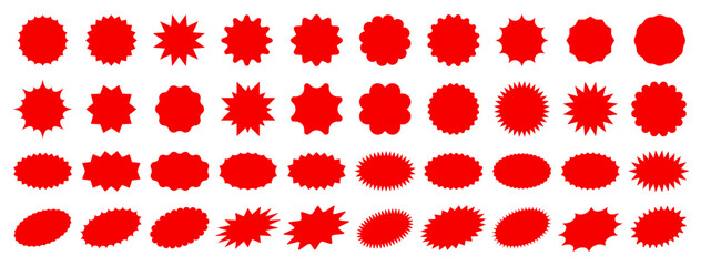 Starburst sale price stickers and labels, star and rosette, sunburst, callout and splash, stamp and tag badges. Isolated vector circle and oval red stickers, promo labels and tags with scalloped edges - obrazy, fototapety, plakaty