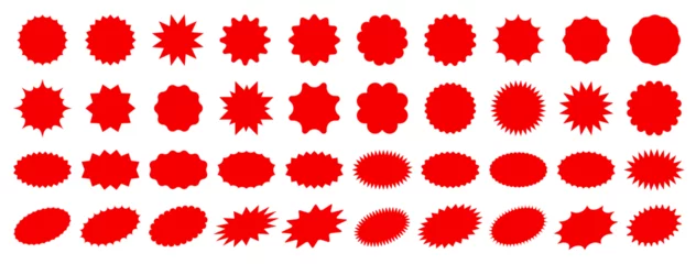 Foto op Plexiglas Starburst sale price stickers and labels, star and rosette, sunburst, callout and splash, stamp and tag badges. Isolated vector circle and oval red stickers, promo labels and tags with scalloped edges © Vector Tradition