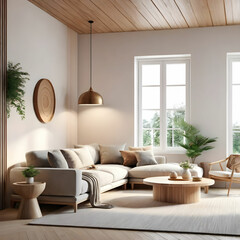 Modern interior japandi style design livingroom. Lighting and sunny scandinavian apartment with plaster and wood. 3d render illustration.