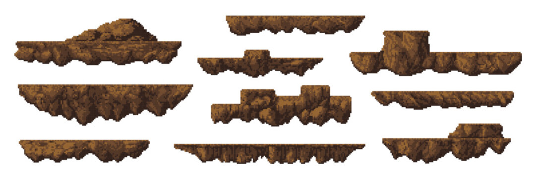 8 bit arcade pixel art game rock stone and mountain platforms, vector environment assets, level and map UI items. Video game pixelated platforms, brown stone islands, dirty land and soil blocks