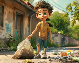 Boy picking up trash, 3D render, clay style, happy expression, outdoor light, 