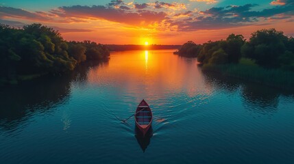 colorful sunset from a canoe on a mountain lake. Created with Generative AI. - obrazy, fototapety, plakaty