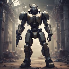 rating:safe, blurry, solo, blurry_background, weapon, depth_of_field, robot, helmet, science_fiction, armor, realistic, power_armor, gun, standing, cable, male_focus, holding, 1boy, dirty