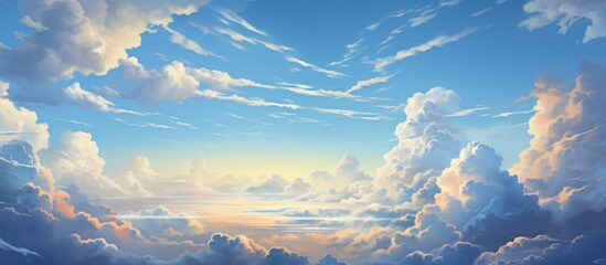 Scenic artwork depicting a picturesque sky filled with fluffy clouds and a small boat sailing peacefully on the water below