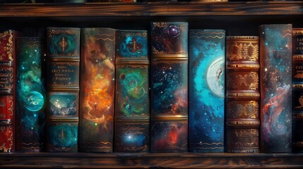 Enchanted library shelf where each book cover is a portal to its own universe, vibrant and alive