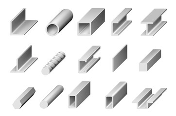 Rolled steel metal and stainless profiles of bar, square angle plate and tube, vector isometric section icons. Rolled iron rail and metal beam rod, building or metallurgy engineering metallic armature - obrazy, fototapety, plakaty