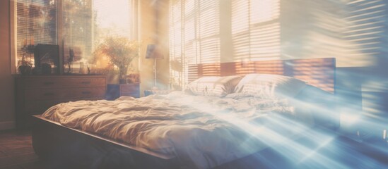 Warm, natural sunlight shines through a window, casting a bright glow onto a neatly made bed in a cozy bedroom