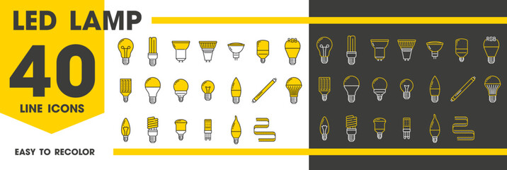 Led and light bulb lamps line icons set. Vector modern illumination equipment. Diode, fluorescent, halogen or filament electrical bulbs for energy efficiency, innovation and versatile lighting options - obrazy, fototapety, plakaty