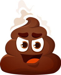 Cartoon poop emoji with mean nasty face expression, vector poo excrement character. Toilet shit emoticon or smile with rascal malicious expression and stinky smell for comic poop emoji in chat