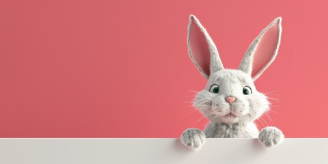 Very cute cartoon snow Easter bunny looking over blank banner with copy space, cartoon funny happy rabbit peeking over empty frame mockup.