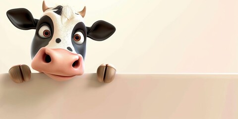 Cute cartoon caw looking over blank banner with copy space, for dairy or farm product display or advertising.
