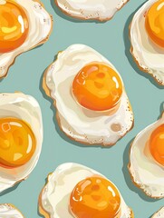 Seamless pattern of fried eggs, 2D illustration, flat design, bright colors, overhead view, 