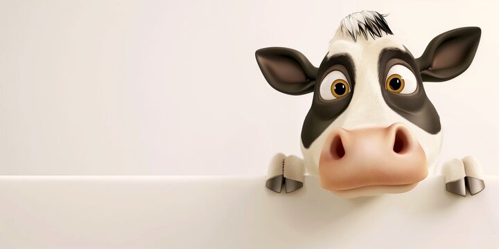 Cute cartoon caw looking over blank banner with copy space, for dairy or farm product display or advertising.