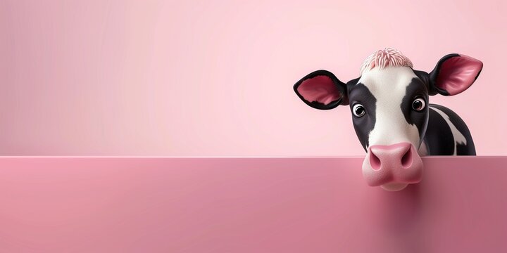 Cute cartoon caw looking over blank banner with copy space, for dairy or farm product display or advertising.