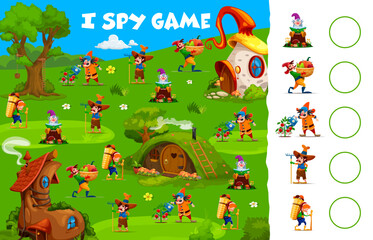 I spy game, cartoon garden gnome and dwarf characters fairytale village. Kids vector riddle count how many funny personages on summer field. Children test, education task for infants mind development