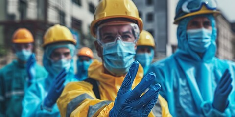 an intimidating group of blue latex gloves-wearing construction workers. Behind them are nurses with their most recent blue gloves on. - obrazy, fototapety, plakaty