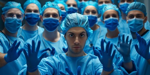 an intimidating group of blue latex gloves-wearing construction workers. Behind them are nurses...