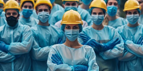 an intimidating group of blue latex gloves-wearing construction workers. Behind them are nurses with their most recent blue gloves on. - obrazy, fototapety, plakaty