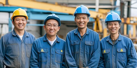 Five Asian blue-collar workers are shown in a banner image facing the camera, smiling, and lined up against a skyscaping background.