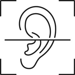 Biometric identification, ear shape recognition and verification icon. Access identification, identity recognition technology or security verification outline vector symbol or pictogram with human ear