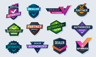 Authorized dealer, seller and distributor seals, official mark labels, vector signs. Authorized partner and reseller emblems, dealer shop and distributor store badges for official commerce company - 773609687