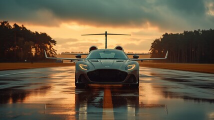 Super car and private jet on landing strip. Business class service at the airport. Created with Generative AI. - obrazy, fototapety, plakaty