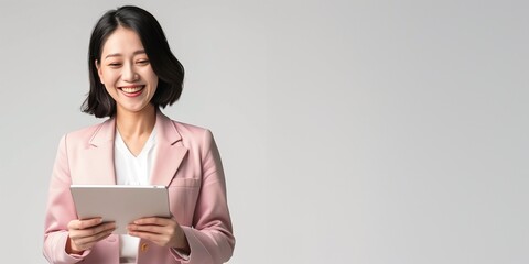 Portrait of a smiling young Japanese business woman using tablet confidently standing on light gray background with copy space, e-commerce, successful business woman power concept.