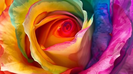 Special rainbow tender rose close up colorful background, copy space, unique and romance.