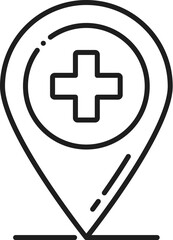 Pharmacy and medical clinic thin line icon. Pharmaceutical industry, medicine and health care thin line vector symbol. Drugstore or or pharmacy linear pictogram or icon with navigation pin, cross