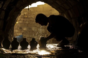 The silhouette of a water bearer filling amphoras at an ancient well, reviving an age old tradition.