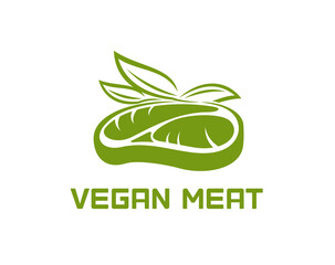 Vegan beef steak meat, plant protein, vegetable meal icon. Isolated vector emblem with green leaves and cut of meatless steak. Healthy vegetarian food, organic plant-based cuisine restaurant or shop