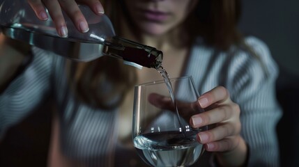 Depressed woman pouring alcohol to glass, close up of unhappy sorrow sad young woman suffer from...