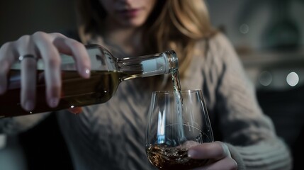 Depressed woman pouring alcohol to glass, close up of unhappy sorrow sad young woman suffer from bad mood, for break up, depression, escape from reality, lonely, alcohol addiction, social issue. - obrazy, fototapety, plakaty