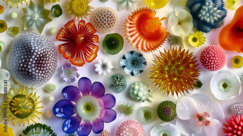 Poster a of colorful pollen grains from different plant species each one showcasing its unique architecture