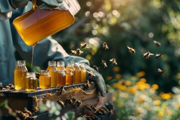 Beekeeper pouring golden honey into jars, with a backdrop of lush greenery and active hives.