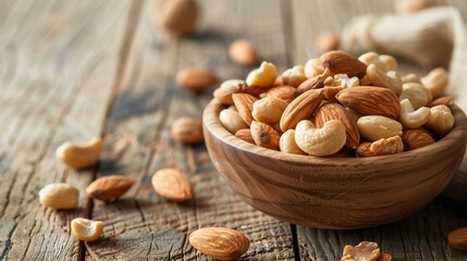 Assorted Nuts in Wooden Bowl on Rustic Table, Healthy Snack Concept