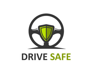 Safe drive logo icon, driving school symbol, features car steering wheel and green shield, symbolize driver protection, safety and caution. Isolated vector emblem of secure vehicle transportation