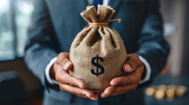 Businessman holding money bag with USD dollar sign for give dividend return profit from investment funding and stock market