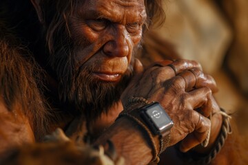 Close up of a Neanderthal using a smartwatch to make a contactless payment, a glimpse of modern convenience. - obrazy, fototapety, plakaty