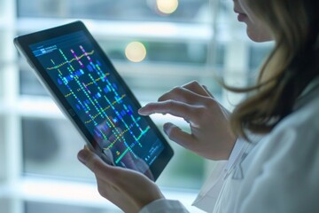 A counselor using a tablet to show a patient an interactive family tree, highlighting specific genetic markers.