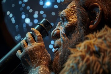 Close up of a Neanderthal adjusting a modern telescope, gazing at the stars and pondering celestial navigation.