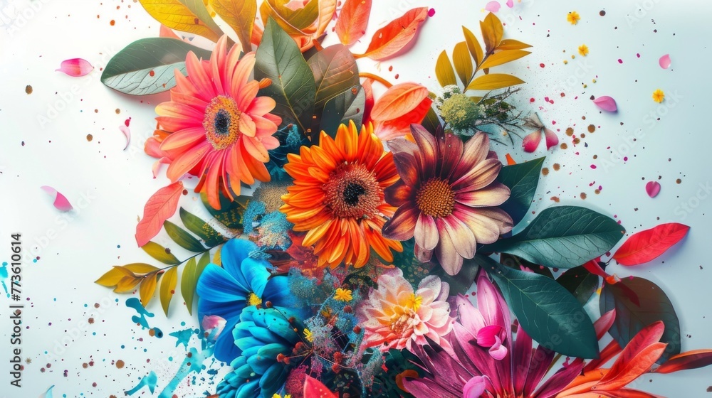 Poster a burst of brightly colored flowers and leafy greenery on a white background adding a pop of color t