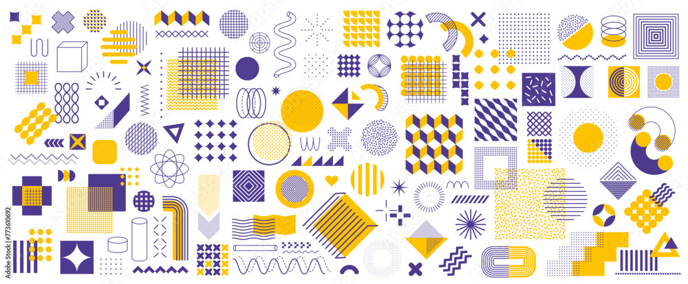 Poster Abstract geometric memphis shapes and modern pattern elements vector set. Vibrant memphis shapes with sleek lines, decorative dotted patterns, circles, cubes, triangles, waves, arrows and semi-circles