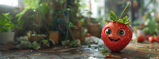 Cute happy strawberry character. Created with generative AI.