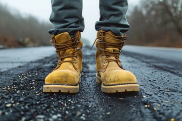 Close up of a civil engineer's boots standing firm on freshly laid asphalt of a new highway, marking progress. - obrazy, fototapety, plakaty