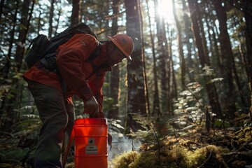 A specialist carefully placing fire retardant gel dispensers in strategic locations around a forest. - obrazy, fototapety, plakaty