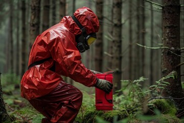 A specialist carefully placing fire retardant gel dispensers in strategic locations around a forest. - obrazy, fototapety, plakaty
